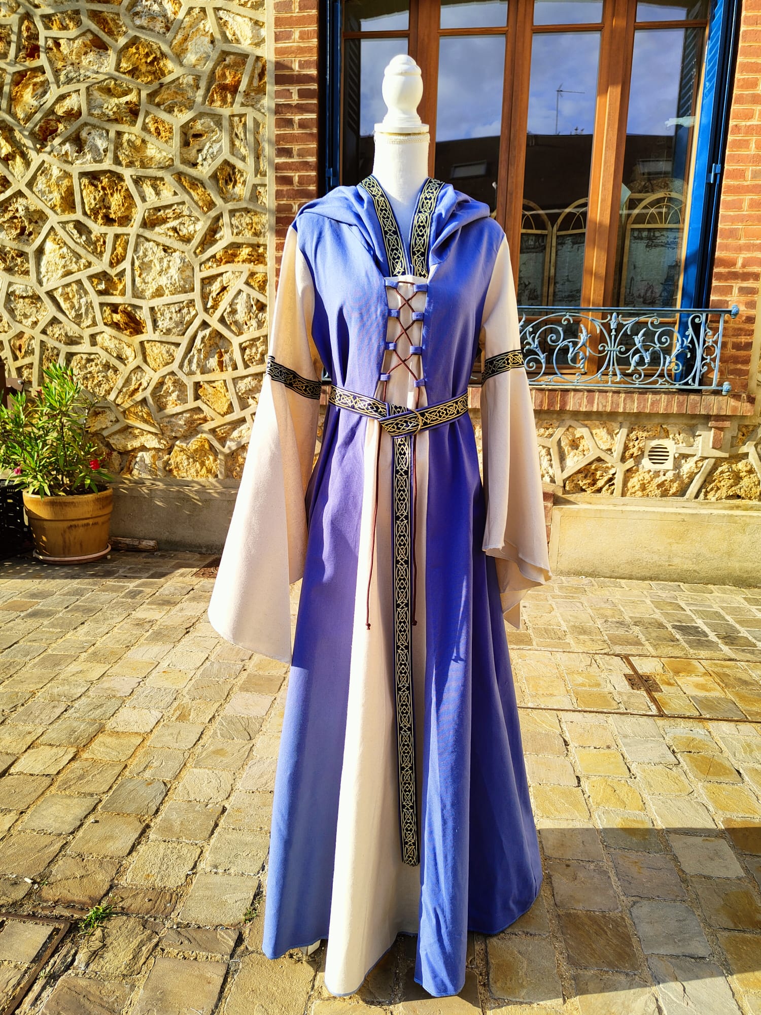 Robe bleue et écrue en coton, costume médiéval pour femme, taille unique 38/44 – Image 3