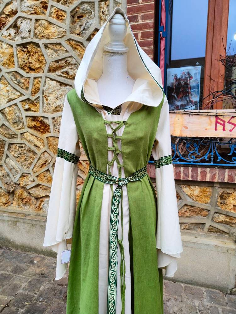 Robe elfique ou médievale verte et écrue en lin avec grande capuche ceinture et manches amples, costume pour femme mariage médiéval, celtique – Image 6